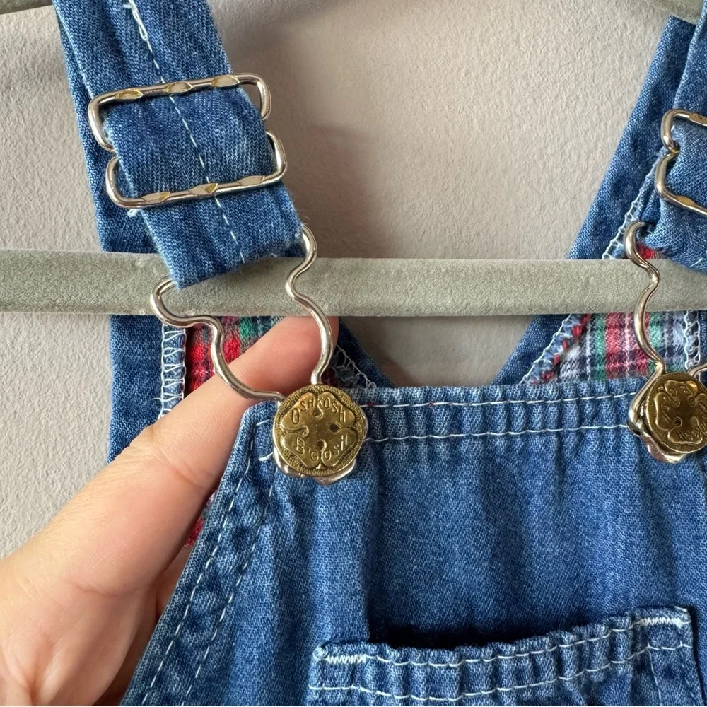Vintage Osh Kosh‎ B’Gosh Baby Red Green Plaid Flannel Denim Overalls 6-9 months
